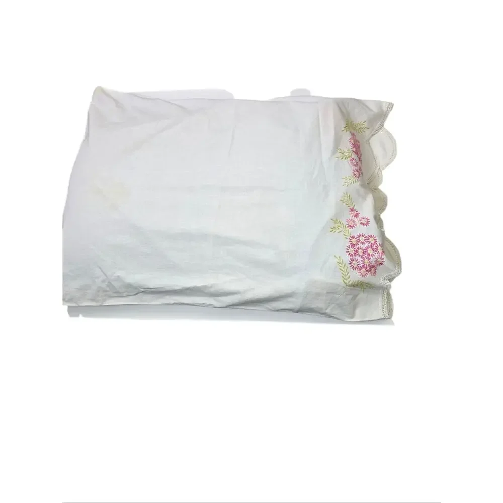Vintage Hand Embroidered Pillowcase Scalloped Hem Cottagecore Farmhouse Floral